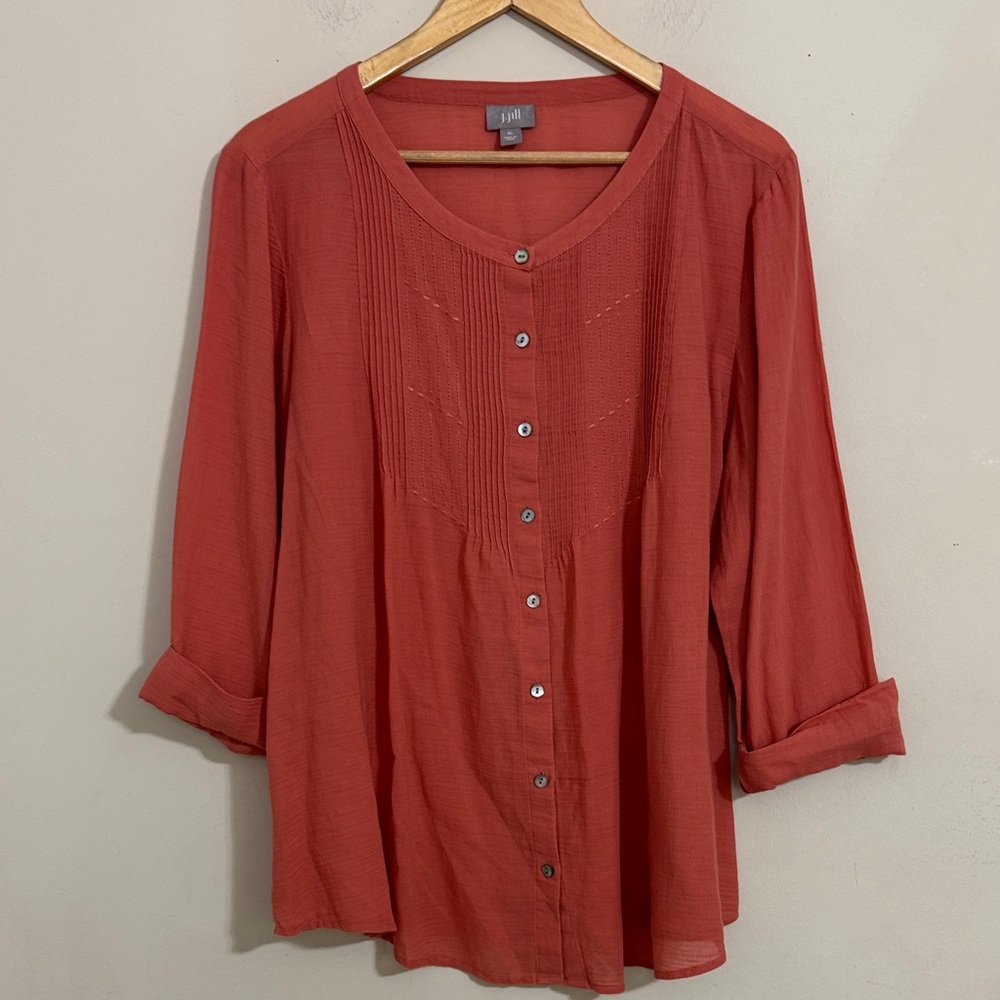 J. Jill Cotton Blend Roll Tab Button-Down Pintuck Blouse size XL Casual Spring